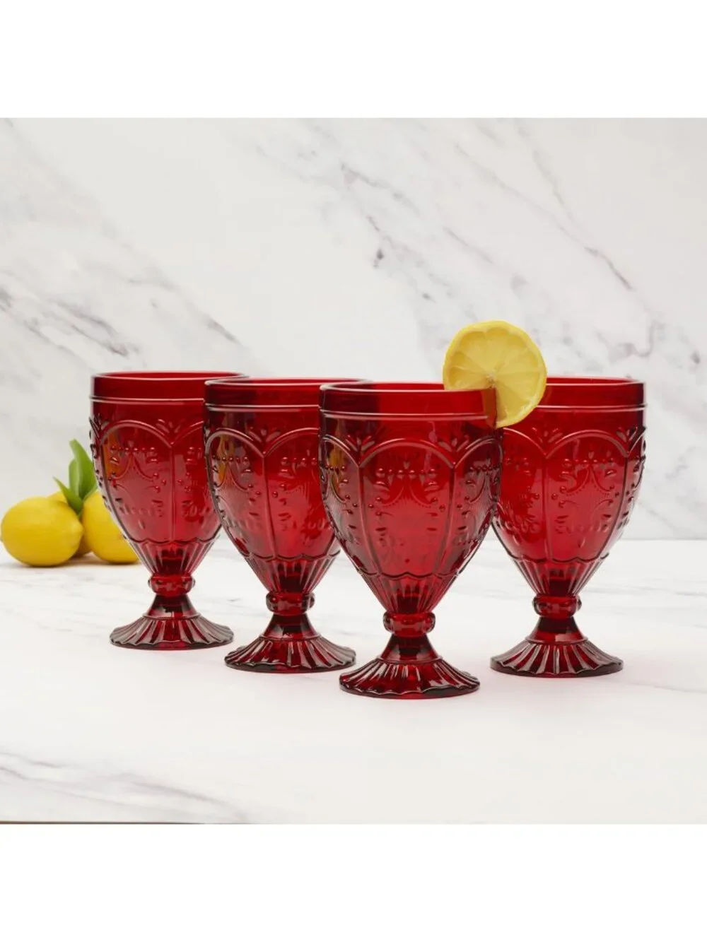 Ornate Red Glass Goblets Set of 4 | Elegant Drinkware for Parties & Events